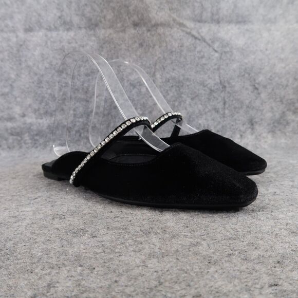A New Day Shoes Women 7 Mules Velvet Slip On Rhinestone Strap Black Fashion Flat - Picture 1 of 12